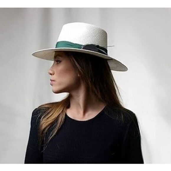 NWT B Couture Women\'s Wide Brim Feather Band Diane Panama Hat White Green 56cm/M main image 8